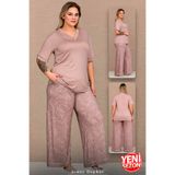 Jenny Daphne Büyük Beden Kadın Viskon Pijama Takımı Gül Kurusu Yaprak Desenli V Yaka Yazlık Rahat Kalıp Ev Giyim 11067