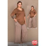 Jenny Daphne Büyük Beden Kadın Viskon Pijama Takımı Yumuşak Kumaş Çizgili Alt Rahat Ev Pijama Takımı 11061