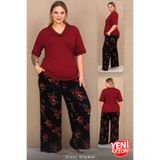 Jenny Daphne Büyük Beden Viskon Pijama Takımı Bordo Çiçek Desenli Rahat Kesim Pijama Takımı 11064
