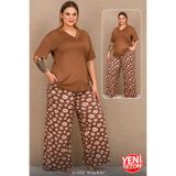 Jenny Daphne Büyük Beden Viskon Pijama Takımı Kahve Dudak Desenli V Yaka Salaş Kesim Pijama Takımı 11059