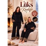 Jenny Daphne Kadın Büyük Beden Kadife Pijama Takımı Leopar Desenli Peluş Detaylı Uzun Kollu Kışlık Pijama 38207