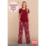 Jenny Daphne Kadın Viskon Pijama Takımı Desenli Kısa Kollu Bisiklet Yaka Rahat Kalıp Yazlık Alt Üst Takım M-L-XL Bedenler 12694