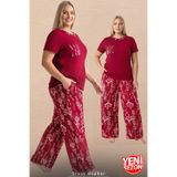 Jenny Daphne Kadın Viskon Pijama Takımı Rahat Kesim Kırmızı Desenli Yazlık Kısa Kollu Üst & Bol Paça Alt Ev Giyim 11068