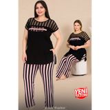 Jenny Daphne Lady Büyük Beden Çizgili Kısa Kollu Uzun Pijama Takımı 10772