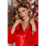 Jeremi Kadın Saten Pijama Takımı, Tüylü Kollu, Kırmızı, S Beden