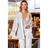 Jeremi Saten Büstiyerli 3'lü Pijama Takımı, Ekru, S Beden 8757575470741