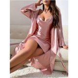 Jermo Kadın Saten Degaje Yaka Sabahlık Gecelik Takım 2 Li Paket - XL - Pembe
