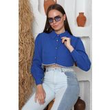JESSE STORY KADIN CROP SAKS MAVİ GÖMLEK EL İŞİ TAŞLI TASARIM GÖMLEK