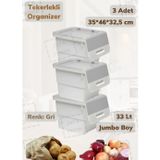 Jet' s Home 3'lü Tekerlekli Sebzelik BPA Free Soğanlık Oyuncaklık Organizer Gri Jumbo 33 Lt