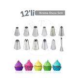 Jet's Home 12'li Krema Duyu Seti Büyük Boy Cupcake, Pasta ve Kurabiye Süsleme Seti Paslanmaz Çelik