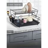 Jet's Home 2 Katlı Bulaşıklık Çelik Tezgah Üstü Tabaklık BPA FREE Bulaşık Sepeti Kurutmalık Siyah