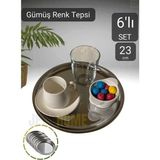 Jet's Home 6’lı Set Lüx Sunum Tepsisi Paslanmaz Kahve Tepsisi Çelik Tepsi Yuvarlak Çeyizlik Tepsi 23 cm - Gümüş