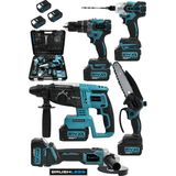 Jetvolt 21V 2.0Ah Kömürsüz Darbeli 5'Li Set Şarjlı Hilti + Taşlama + Somun Sıkma + Akülü Vidalama + Budama Testeri - Mavi
