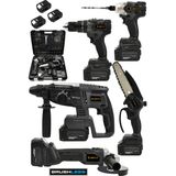 Jetvolt 21V 2.0Ah Kömürsüz Darbeli 5'Li Set Şarjlı Hilti + Taşlama + Somun Sıkma + Akülü Vidalama + Budama Testeri - Siyah