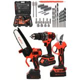 Jetvolt 3 Lü Set Kömürsüz Motor Çift Akülü Şarjlı Matkap Şarjlı Budama Makası Şarjlı Budama Testeresi - Kırmızı