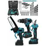 Jetvolt 3 Lü Set Kömürsüz Motor Çift Akülü Şarjlı Matkap Şarjlı Budama Makası Şarjlı Budama Testeresi - Mavi