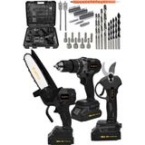 Jetvolt 3 Lü Set Kömürsüz Motor Çift Akülü Şarjlı Matkap Şarjlı Budama Makası Şarjlı Budama Testeresi - Siyah