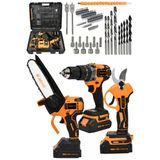 Jetvolt 3 Lü Set Kömürsüz Motor Çift Akülü Şarjlı Matkap Şarjlı Budama Makası Şarjlı Budama Testeresi - Turuncu