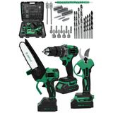 Jetvolt 3 Lü Set Kömürsüz Motor Çift Akülü Şarjlı Matkap Şarjlı Budama Makası Şarjlı Budama Testeresi - Yeşil