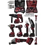 Jetvolt Premium Profesyonel 21V 2.0Ah 2 Çantalı 5 Bataryalı Kömürsüz Darbeli Teleskop Kollu 7Li Set - Kırmızı