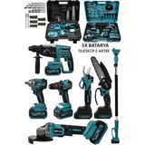Jetvolt Premium Profesyonel 21V 2.0Ah 2 Çantalı 5 Bataryalı Kömürsüz Darbeli Teleskop Kollu 7Li Set - Mavi