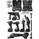 Jetvolt Premium Profesyonel 21V 2.0Ah 2 Çantalı 5 Bataryalı Kömürsüz Darbeli Teleskop Kollu 7Li Set - Siyah
