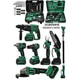 Jetvolt Premium Profesyonel 21V 2.0Ah 2 Çantalı 5 Bataryalı Kömürsüz Darbeli Teleskop Kollu 7Li Set - Yeşil