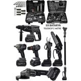 Jetvolt Premium Profesyonel 21V 2.0Ah Çantalı 5 Bataryalı Kömürsüz Darbeli Teleskop Kollu 7Li Set - Siyah