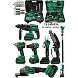 Jetvolt Premium Profesyonel 21V 2.0Ah Çantalı 5 Bataryalı Kömürsüz Darbeli Teleskop Kollu 7Li Set - Yeşil