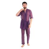 JEU JEU HAZE – Mor Tül Kaplamalı Saten Transparan Fantezi Erkek Kimono ve Pantolon Takımı