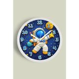 Jhaar Astronot Ve Yıldızlarla Uzay Keşfi Temalı Çocuk Odası Duvar Saati - 30Cm - Önü Camlı Beyaz Kasa