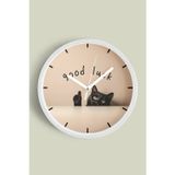 Jhaar Good Luck Kedi Tasarımı Modern Duvar Saati - 35Cm - Önü Camlı Beyaz Kasa - Sessiz Mekanizma