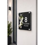 JHAAR Kişiye Özel Pleksi Kapı İsimliği – Modern & Lüks UV Baskılı Dekoratif Kapı Numarası- Dallı Beyaz Çiçekli 30x30 cm Siyah