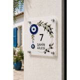 JHAAR Kişiye Özel Pleksi Kapı İsimliği – Modern & Lüks UV Baskılı Dekoratif Kapı Numarası- Nazar Boncuklu Zeytin Dalı 20x20 cm - Beyaz