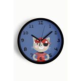 Jhaar Korsan Kedi Çizimli Çocuk Odası Duvar Saati - 25Cm - Önü Camlı Siyah Kasa - Sessiz Mekanizma