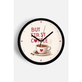 Jhaar Modern Yazılı Tasarım - '' But First, Coffee '' Mutfak Duvar Saati - 35Cm - Önü Camlı Siyah Kasa