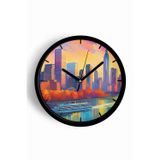 Jhaar Şehir Silüeti Modern Duvar Saati - 25Cm - Önü Camlı Siyah Kasa - Sessiz Mekanizma