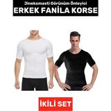 Jinekomasti Dik Duruş Düzeltici Göbek Elastik Erkek Fanila Korse Siyah-Beyaz Ikili Set - Siyah - Beyaz