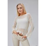 Jinx Wear Fashion Dantelli Kayık Yaka File Örgü Pamuklu Bolero Delikli Ajurlu Triko Bluz Kazak - Krem - Standart