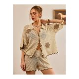 Jinx Wear Fashion Önü Düğmeli, Kadın Nakış Aplik Gömlek Ve Kısa Şortlu Delikli Ajurlu Yaz Plaj Takımı.