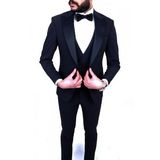JJan Carlucci Slim Fit Tek Düğme-Sivri Yaka-Çift Yırtmaç Düz Lacivert Drop 6 Damatlık Smokin - Full Set Yelek, Gömlek, Papyon