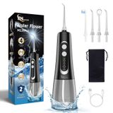 JNGOODS Akülü Su Diş Pensesinde oral irrigatör, JNGOODS 300 ml Dişler için şarj edilebilir su ipi IPX7 Su Geçirmez 4 Modlu 4 jet uçlu taşınabilir Oral Irrigator, Seyahat Ev kullanımı (Siyah)