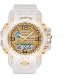 JoeFox Analog-Dijital Spor Kol Saati, Şeffaf-Altın Kadran, 45mm, LED Ekranlı, Su Geçirmez, Kronometre ve Alarm Özellikli,Unisex