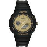 JoeFox Analog Dijital Unisex Kol Saati, Siyah Silikon Kayışlı, Altın Detaylı, Su Dayanıklı