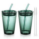 Joeyan Saman ve Kapaklı Cam Bardak,Yeşil Bardaklar Samanlı Su Bardağı,Meyve Suyu İçecekler için Renkli Cam İçme Kavanozları Buzlu Kahve Çay Smoothie Soda Sütü,15oz,2'li Set, Bulaşık Makinesinde