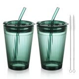 Joeyan Saman ve Kapaklı Cam Bardak,Yeşil Gözlük Saman ile Su Kupası | Meyve Suyu İçecekleri için Renkli Cam İçme Kavanozları Buzlu Kahve Çay Smoothie Soda Sütü, 15 oz, 2'li Set