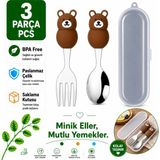 Jojobebek Ayı Figürlü Kahverengi Premium Çocuk Bpa Free Silikon Saplı Paslanmaz Çelik Uçlu Çatal-Kaşık, (9+ Ay