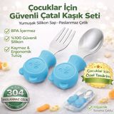 Jojobebek Ayıcık Figürlü Premium Çocuk Bpa'sız Silikon Saplı Paslanmaz Çelik Uçlu Çatal-Kaşık/saklama Kutusu 9+Ay - Mavi