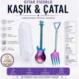 Jojobebek Gökkuşağı Renk Gitar Tasarımlı Paslanmaz Çelik Kaşık ve Paslanmaz Çelik Çatal + Saklama Kutusu - Açık Mavi