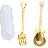 Jojobebek Gold Renk Gitar Tasarımlı Paslanmaz Çelik Kaşık ve Paslanmaz Çelik Çatal + Saklama Kutusu